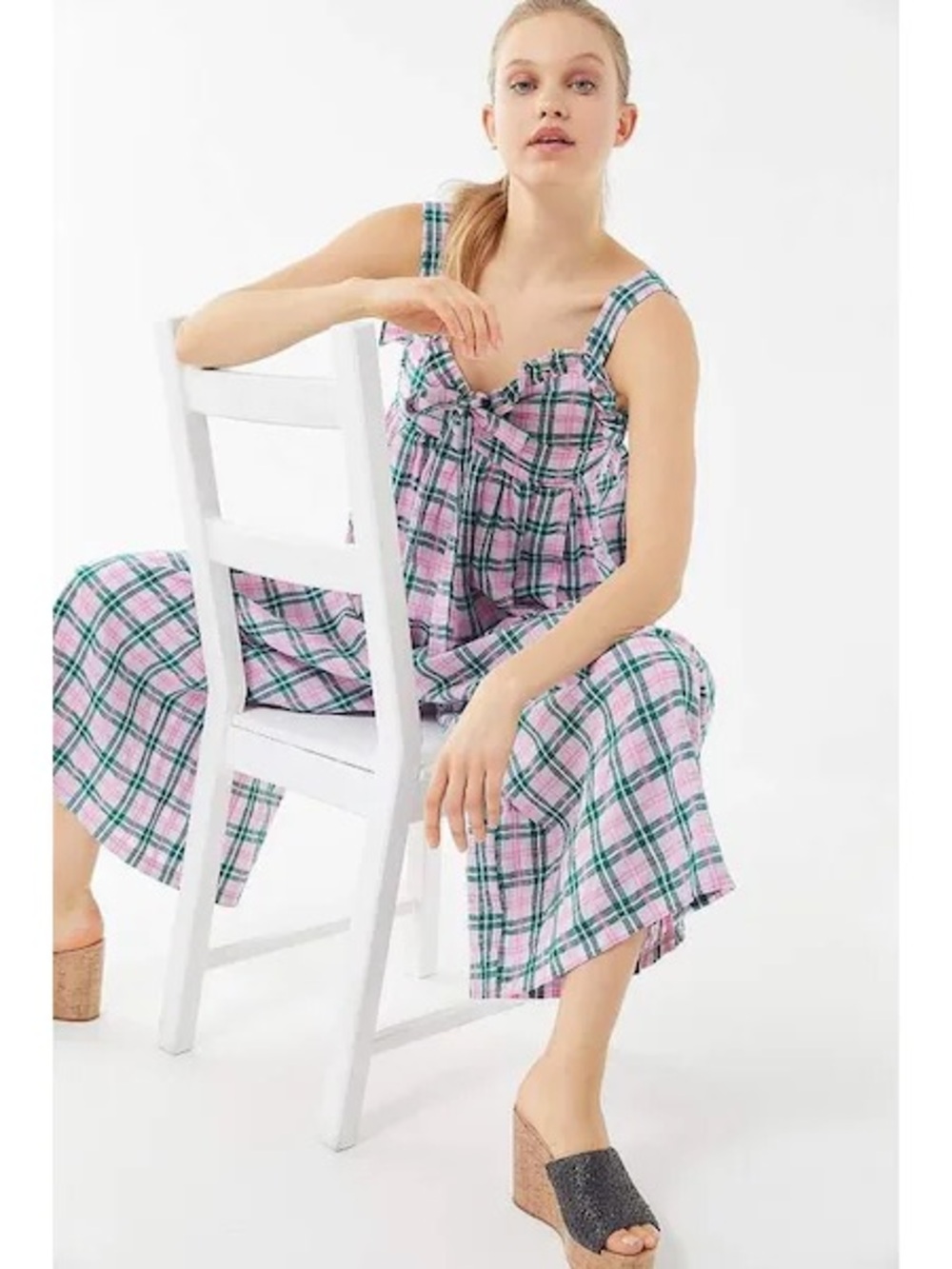 Sister Jane Pink Green Plaid  Cotton Wide Leg Jumpsuit Small